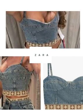 ZARA Denim Bustier Crop Top with Cream Embroidered Hem